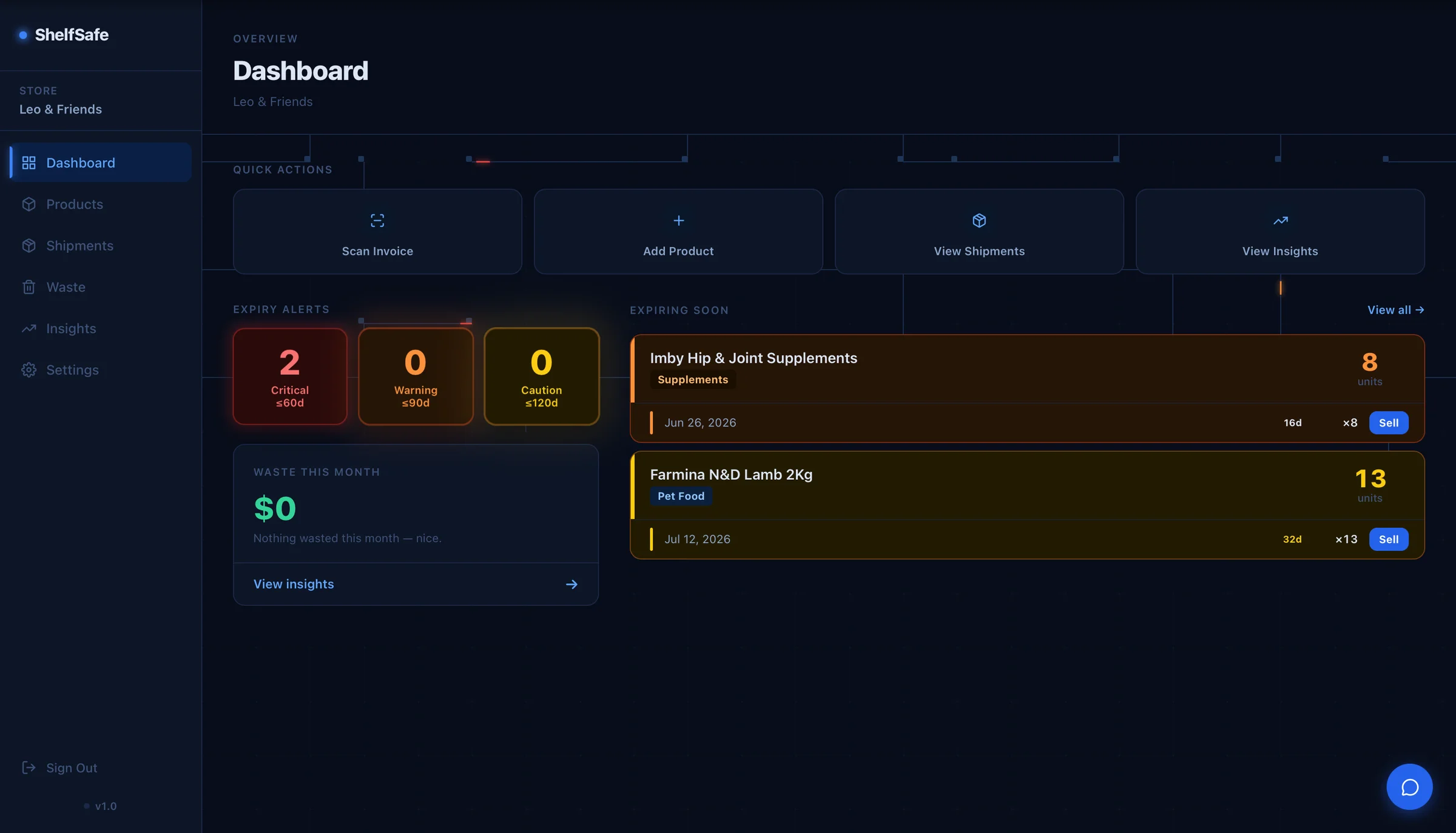 ShelfSafe dashboard showing expiry alerts, quick actions, and upcoming expirations